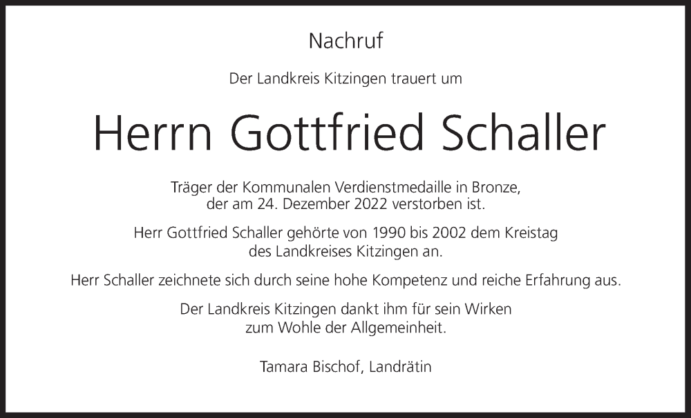  Traueranzeige für Gottfried Schaller vom 29.12.2022 aus MGO
