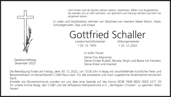 Anzeige von Gottfried Schaller von MGO