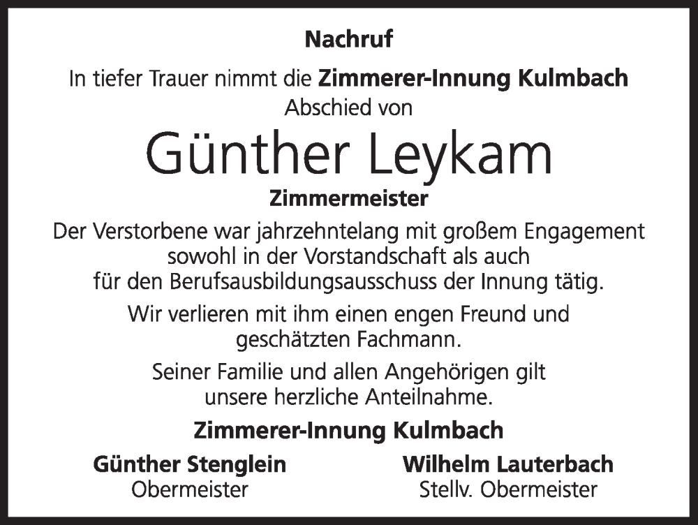  Traueranzeige für Günther Leykam vom 30.11.2022 aus MGO