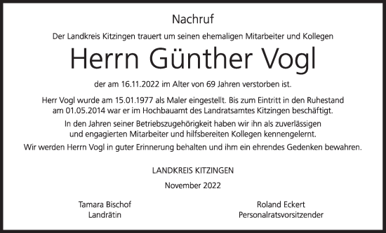 Anzeige von Günther Vogl von MGO