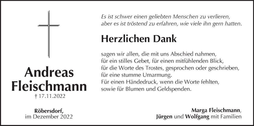  Traueranzeige für HAndreas Fleischmann vom 10.12.2022 aus MGO