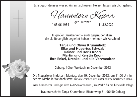 Anzeige von Hannelore Knorr von MGO