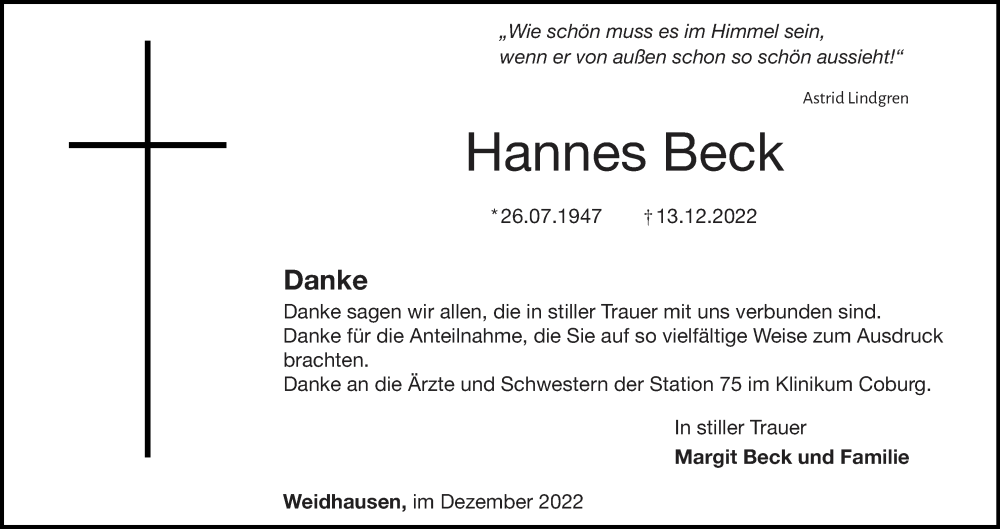  Traueranzeige für Hannes Beck vom 31.12.2022 aus MGO