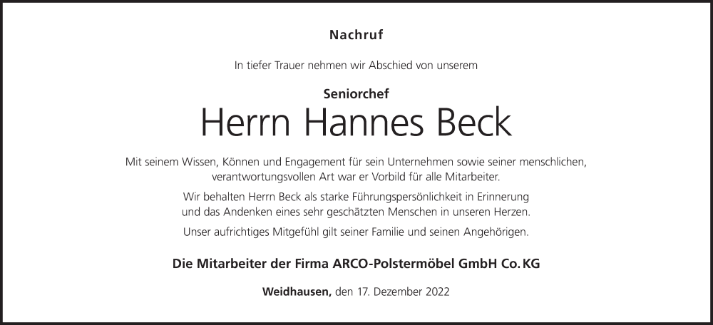  Traueranzeige für Hannes Beck vom 17.12.2022 aus MGO