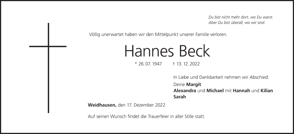  Traueranzeige für Hannes Beck vom 17.12.2022 aus MGO