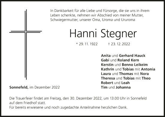 Anzeige von Hanni Stegner von MGO