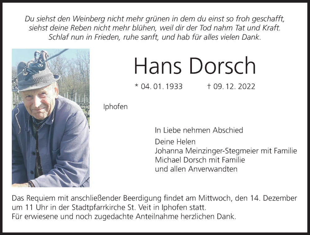  Traueranzeige für Hans Dorsch vom 13.12.2022 aus MGO