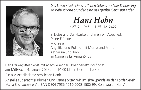 Anzeige von Hans Hohn von MGO
