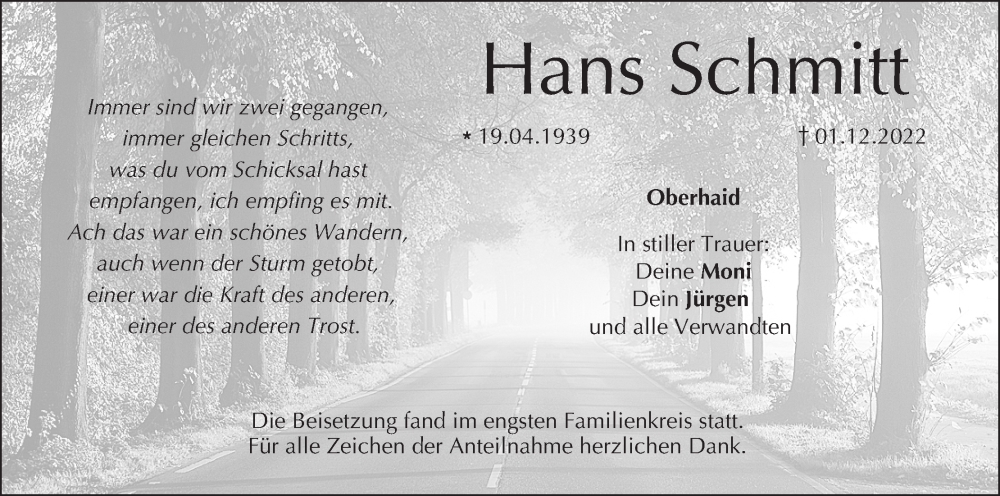  Traueranzeige für Hans Schmitt vom 17.12.2022 aus MGO