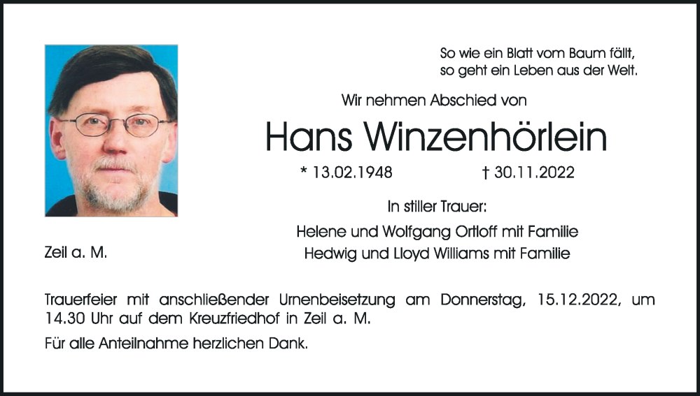  Traueranzeige für Hans Winzenhörlein vom 10.12.2022 aus MGO