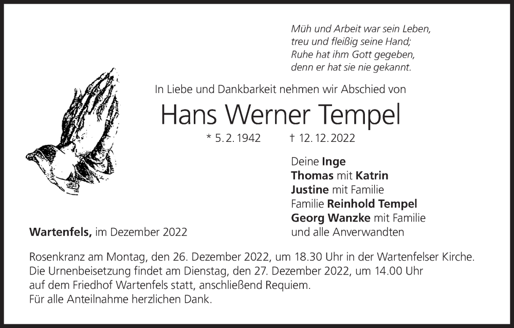  Traueranzeige für Hans Werner Tempel vom 17.12.2022 aus MGO
