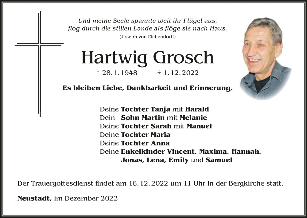 Traueranzeige für Hartwig Grosch vom 10.12.2022 aus MGO