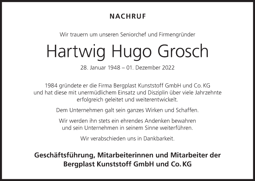  Traueranzeige für Hartwig Hugo Grosch vom 24.12.2022 aus MGO