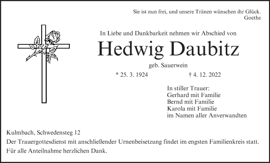 Anzeige von Hedwig Daubitz von MGO