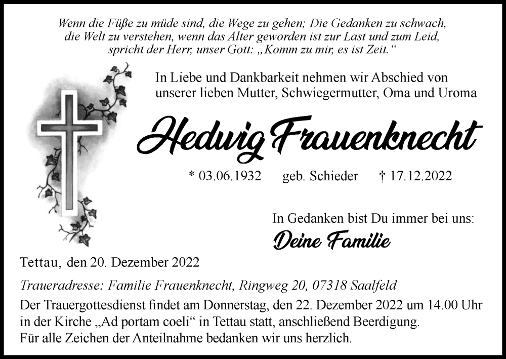  Traueranzeige für Hedwig Frauenknecht vom 20.12.2022 aus MGO