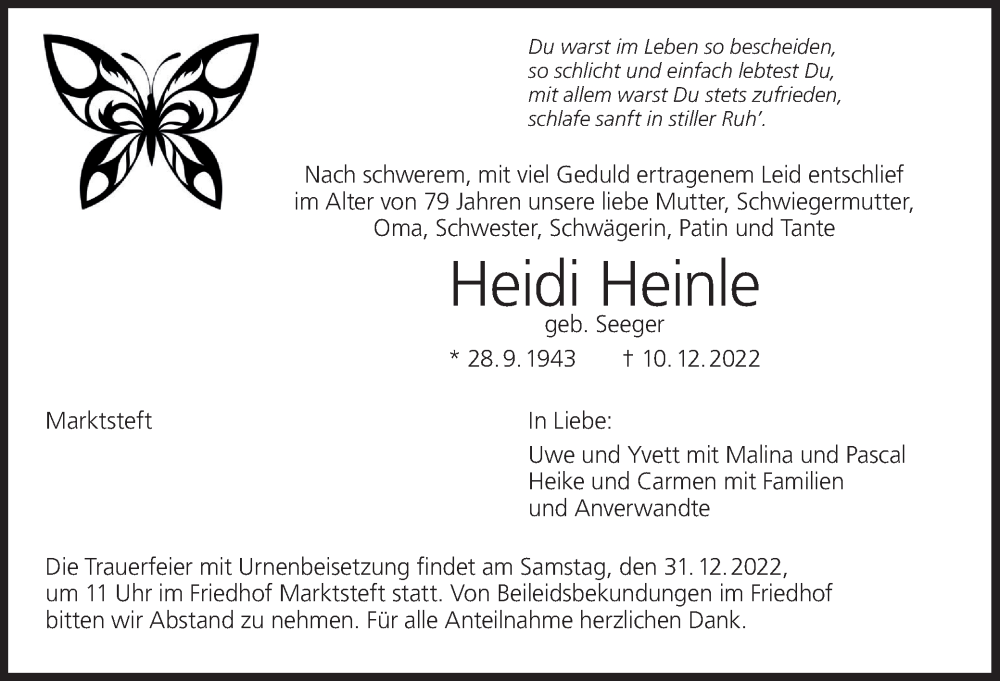  Traueranzeige für Heidi Heinle vom 17.12.2022 aus MGO
