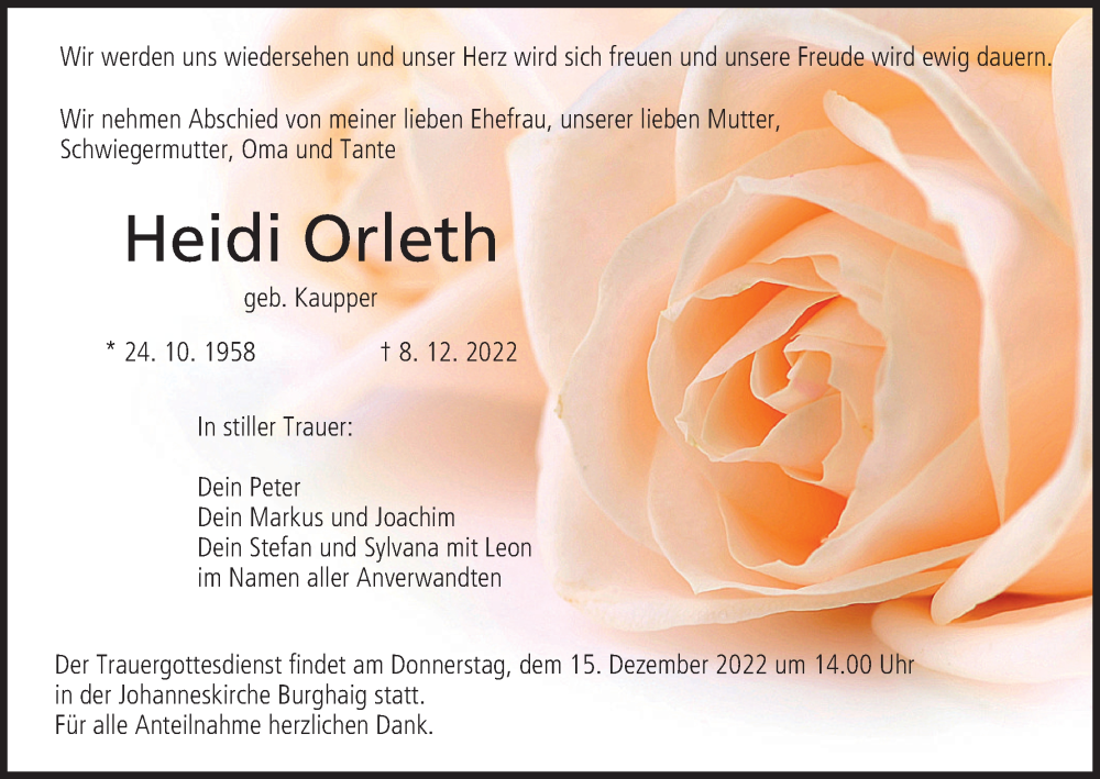  Traueranzeige für Heidi Orleth vom 13.12.2022 aus MGO
