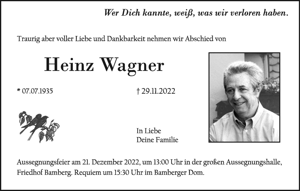  Traueranzeige für Heinz Wagner vom 17.12.2022 aus MGO