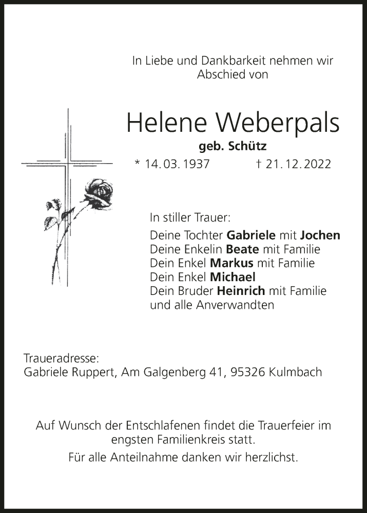  Traueranzeige für Helene Weberpals vom 28.12.2022 aus MGO