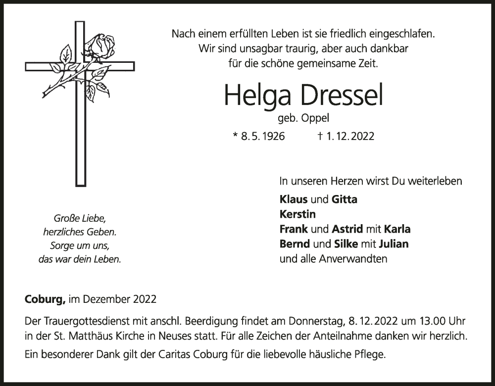  Traueranzeige für Helga Dressel vom 03.12.2022 aus MGO