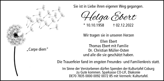Anzeige von Helga Ebert von MGO