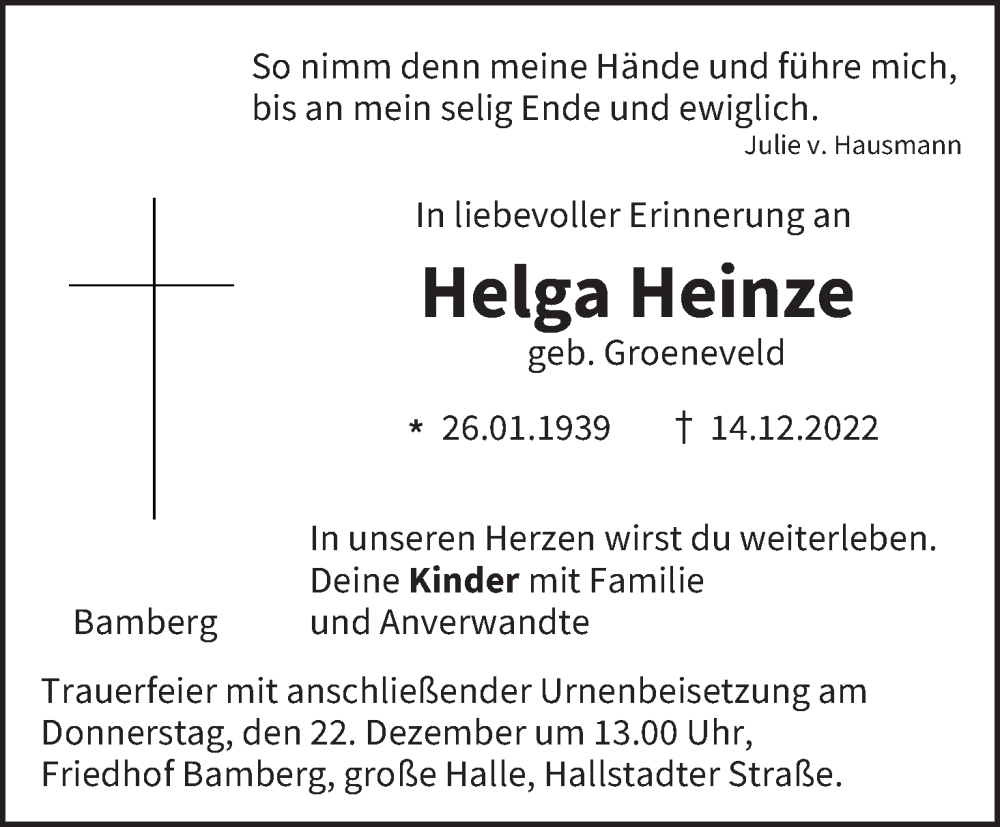  Traueranzeige für Helga Heinze vom 17.12.2022 aus MGO