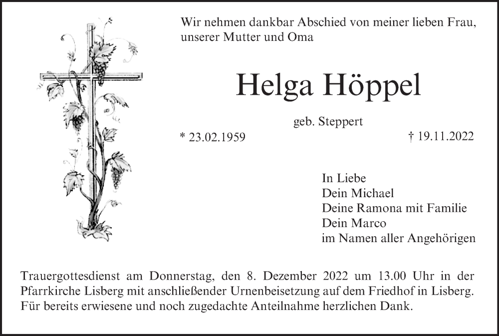  Traueranzeige für Helga Höppel vom 03.12.2022 aus MGO