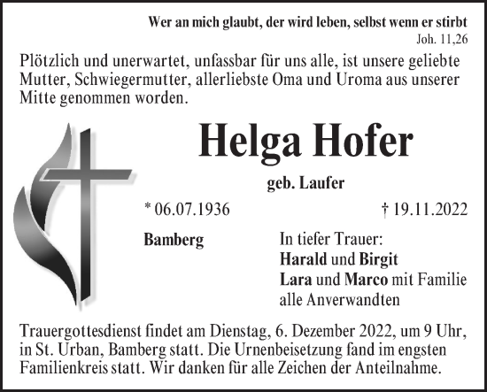 Anzeige von Helga Hofer von MGO