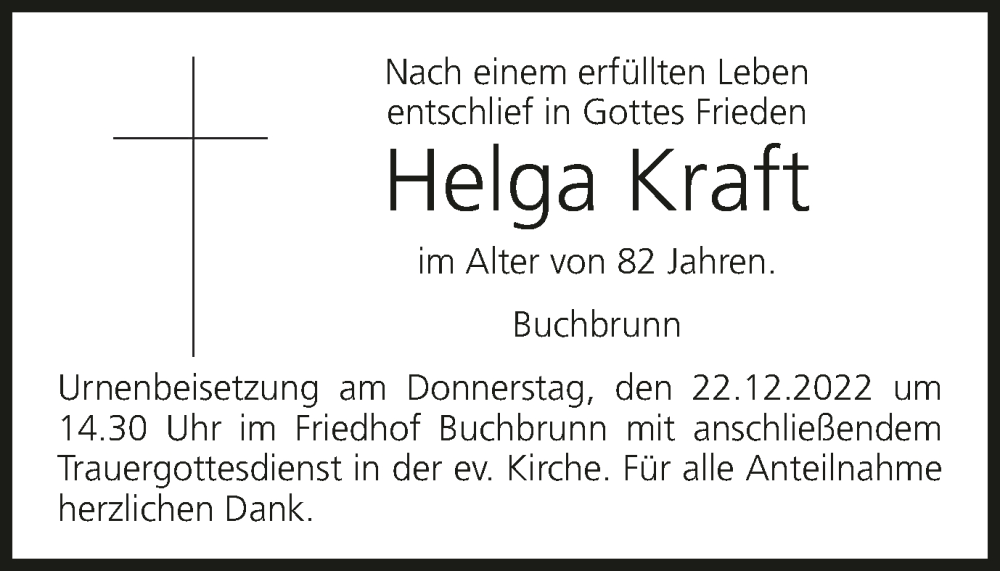 Traueranzeige für Helga Kraft vom 17.12.2022 aus MGO