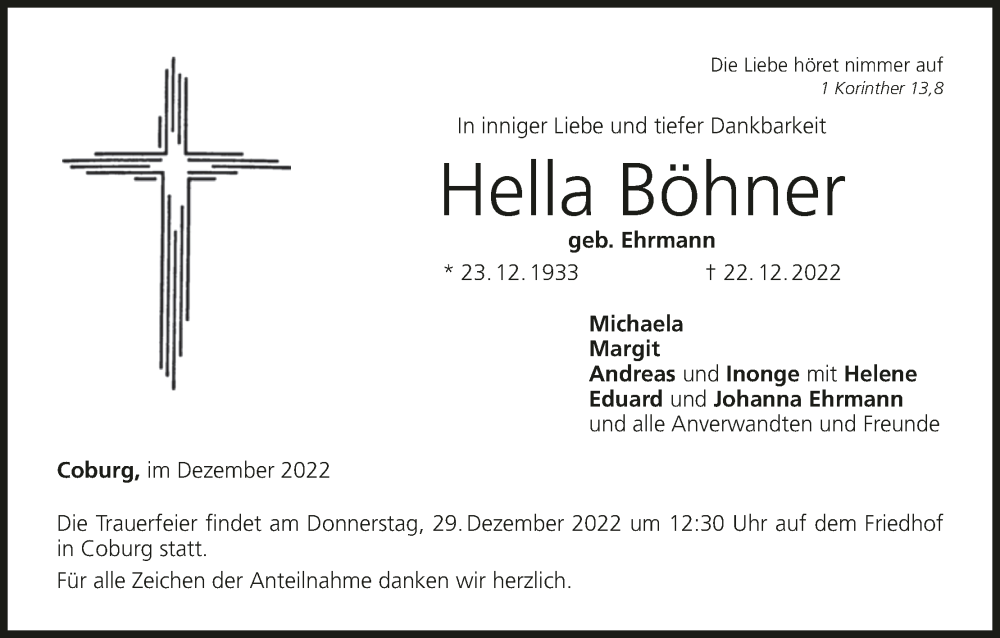  Traueranzeige für Hella Böhner vom 24.12.2022 aus MGO