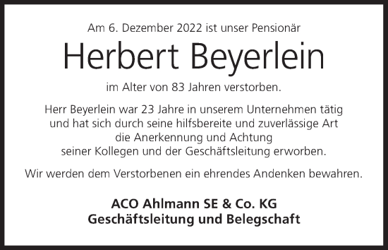 Anzeige von Herbert Beyerlein von MGO