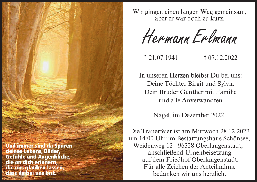  Traueranzeige für Hermann Erlmann vom 17.12.2022 aus MGO