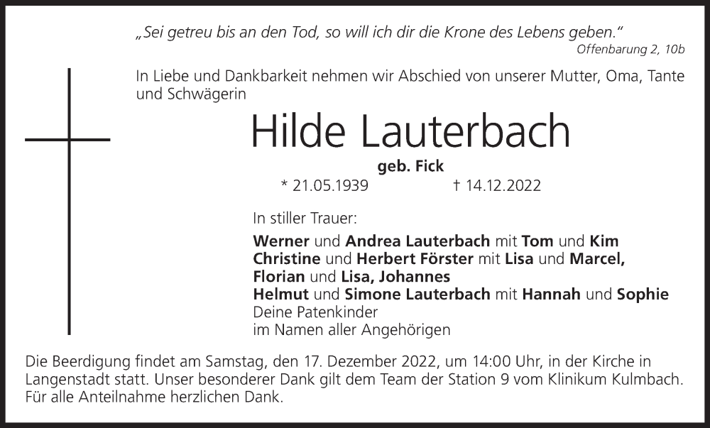  Traueranzeige für Hilde Lauterbach vom 16.12.2022 aus MGO