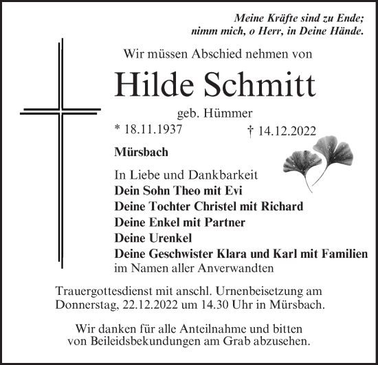 Anzeige von Hilde Schmitt von MGO