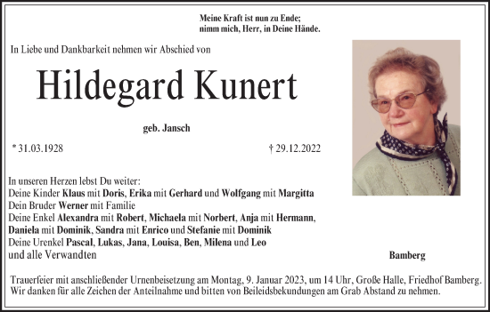 Anzeige von Hildegard Kunert von MGO