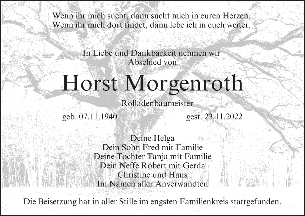  Traueranzeige für Horst Morgenroth vom 14.12.2022 aus MGO