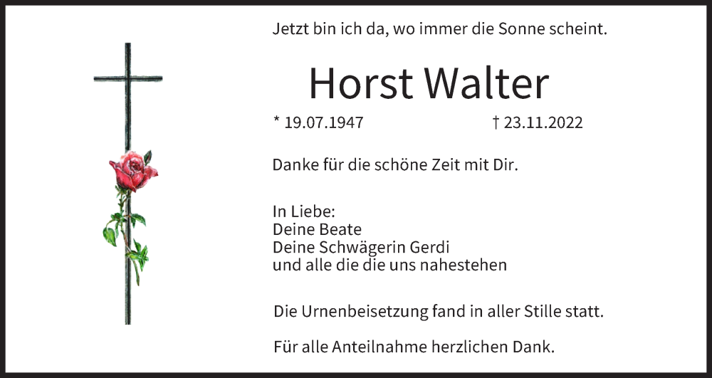  Traueranzeige für Horst Walter vom 24.12.2022 aus MGO