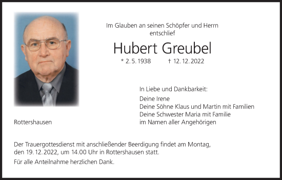Anzeige von Hubert Greubel von MGO