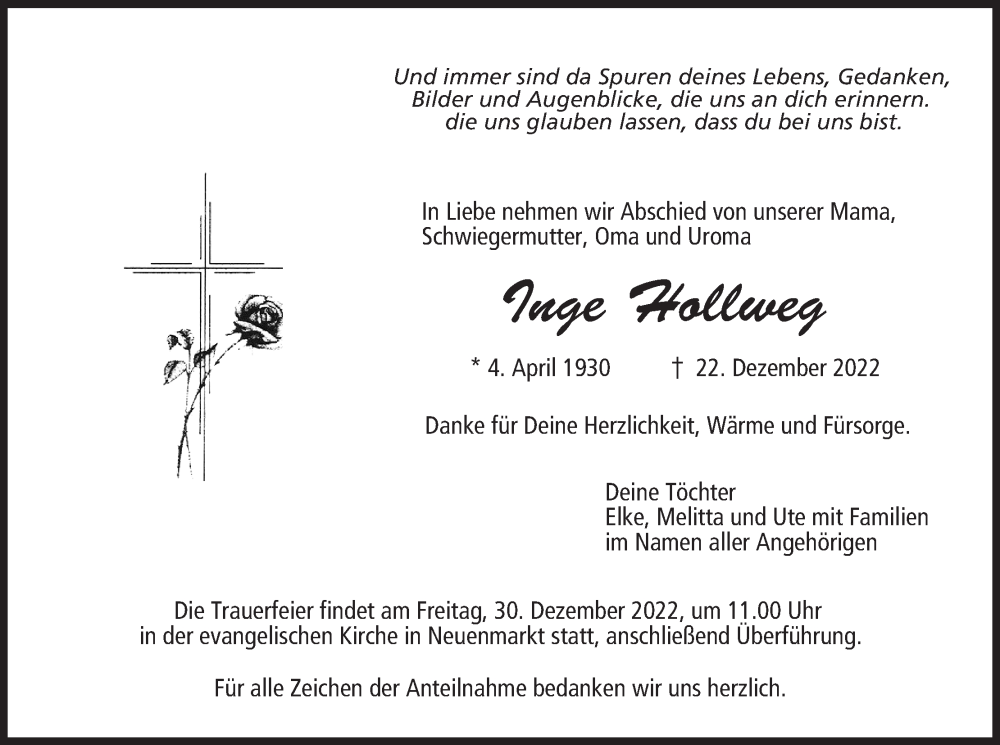  Traueranzeige für Inge Hollweg vom 28.12.2022 aus MGO