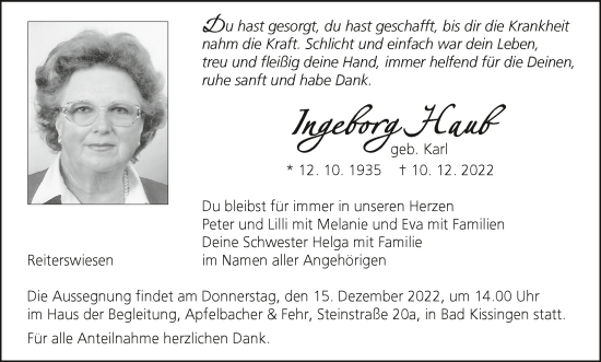 Anzeige von Ingeborg Haub von MGO