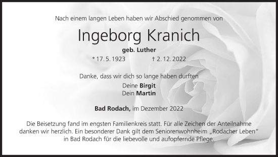 Anzeige von Ingeborg Kranich von MGO