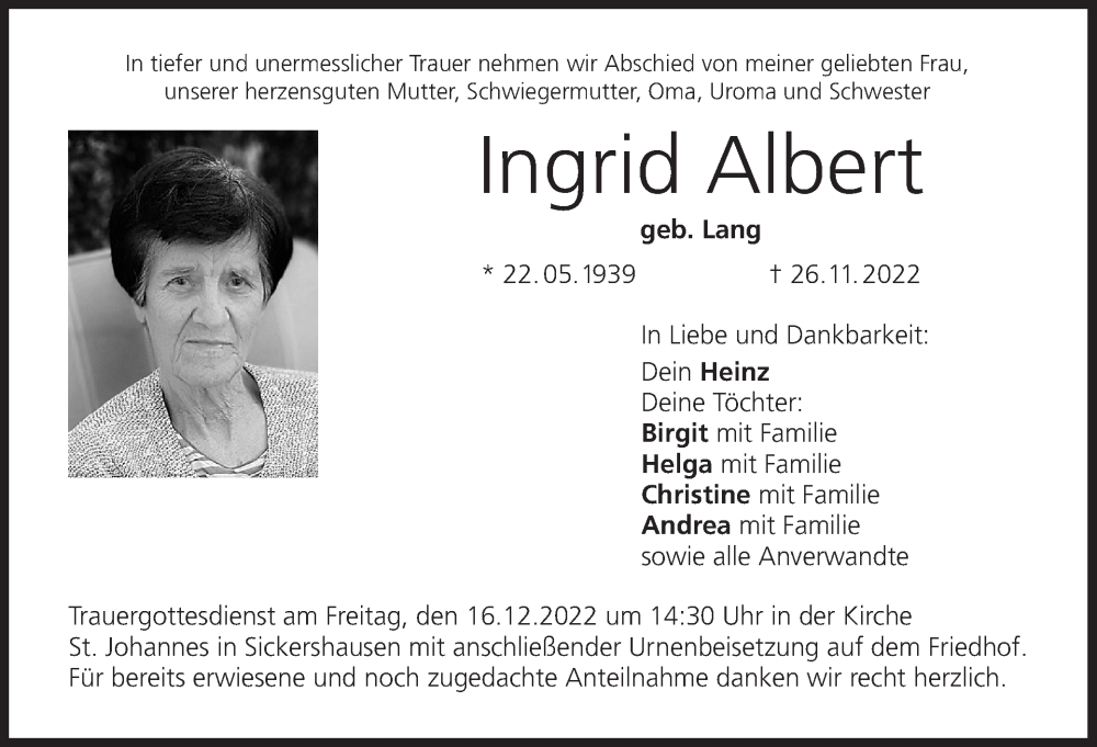  Traueranzeige für Ingrid Albert vom 13.12.2022 aus MGO