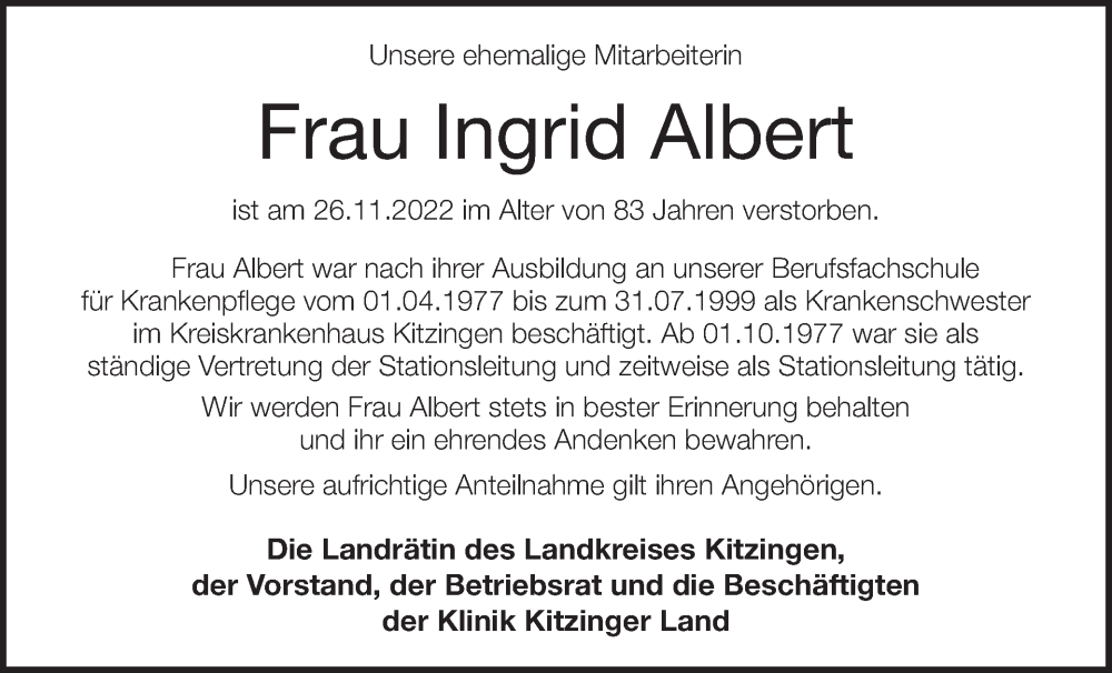 Traueranzeige für Ingrid Albert vom 17.12.2022 aus MGO