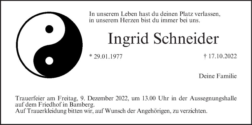  Traueranzeige für Ingrid Schneider vom 03.12.2022 aus MGO