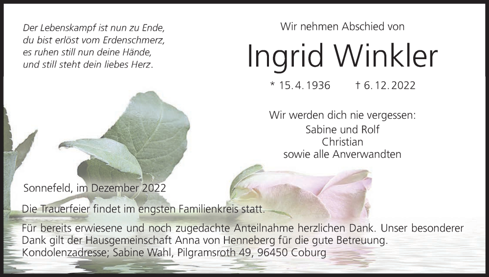 Traueranzeige für Ingrid Winkler vom 10.12.2022 aus MGO