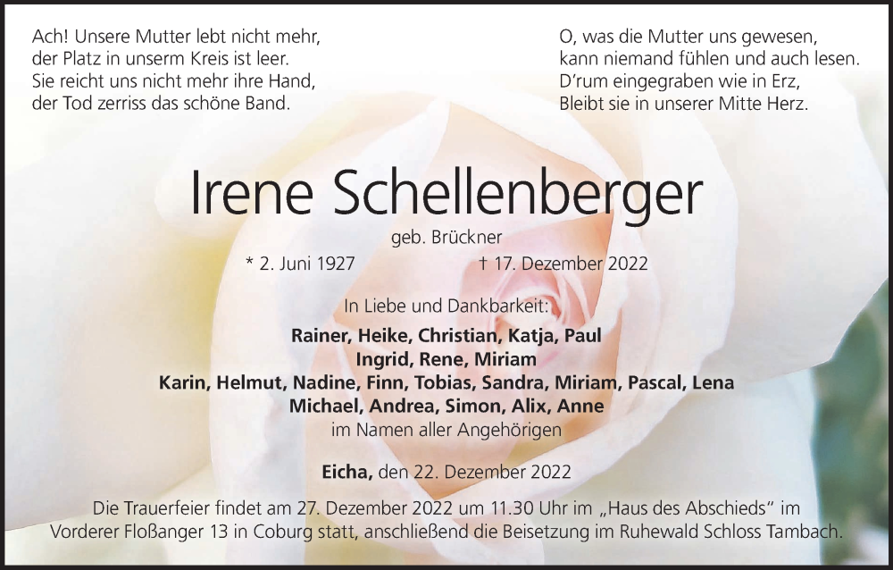  Traueranzeige für Irene Schellenberger vom 22.12.2022 aus MGO