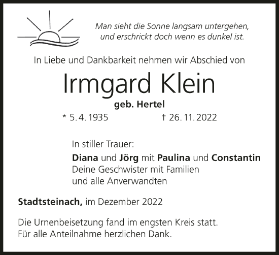 Anzeige von Irmgard Klein von MGO