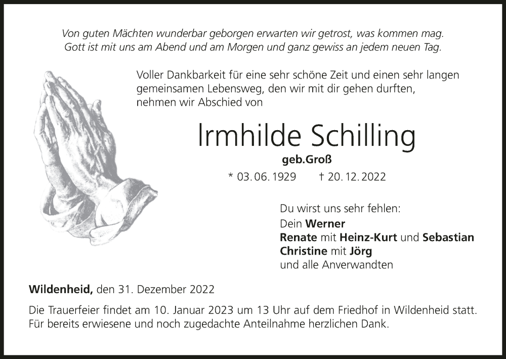  Traueranzeige für Irmhilde Schilling vom 31.12.2022 aus MGO