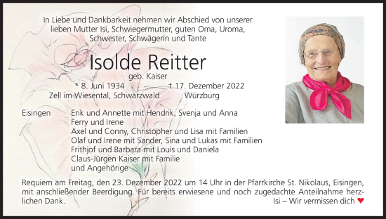Anzeige von Isolde Reitter von MGO