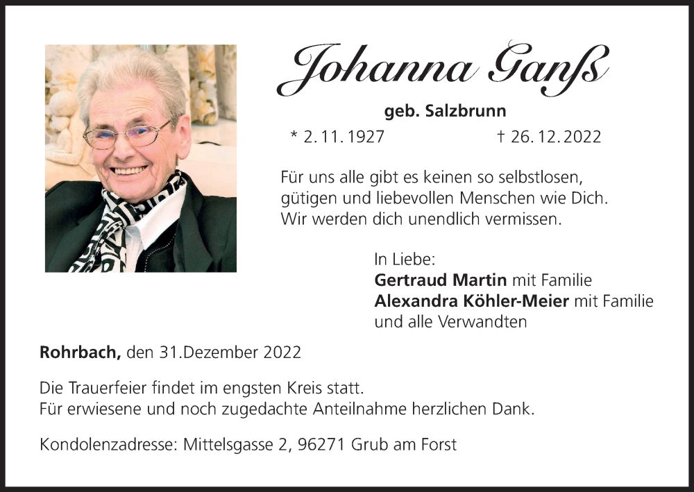  Traueranzeige für Johanna Ganß vom 31.12.2022 aus MGO